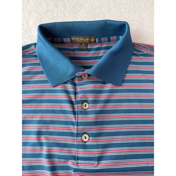 Peter Millar Summer Comfort Shirt Size Medium Pink Blue Striped Golf Polo - Picture 4 of 6